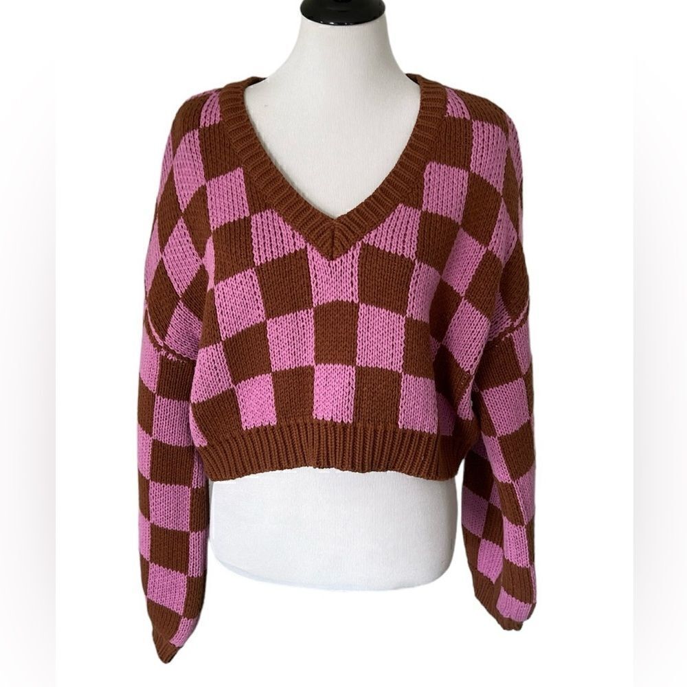 Hallelu Women’s Cropped Checkered Sweater size Large